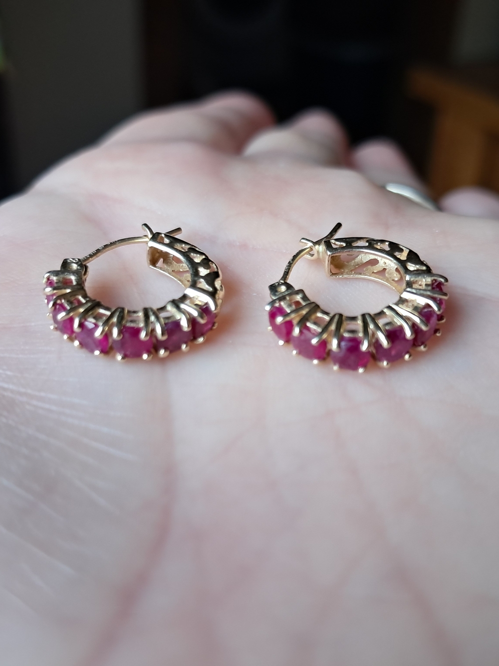 14K Gold Huggie Hoop Earrings with Ruby Gem Accents